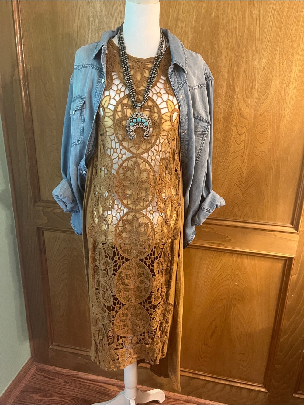 Sz S Free People Mustard Brown Crochet Medallion Maxi Dress Boho
